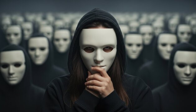 Young person wearing white mask standing amidst crowd of anonymous figures in black hoodies representing identity and social conformity themes