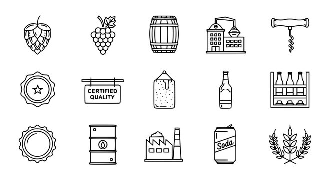 Beer brewing and beverage production line icon set with hop barrel bottle cap factory vector symbols