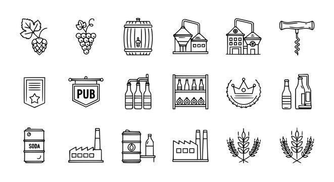 Brewery and beverage production outline icon set hop barrel bottle cap wheat vector symbols