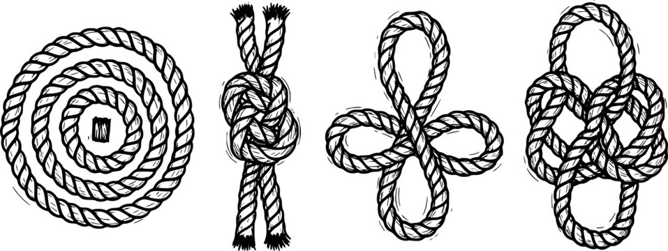Set of four hand-drawn rope knots in a black ink brush stroke style, featuring circular, braided, and figure-eight shapes for nautical or maritime themed designs 
