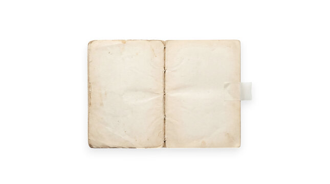Open blank vintage pocket notebook with stained pages and tape tab on a transparent background