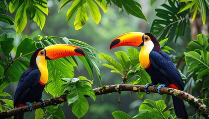 Obraz premium Two colorful toucan birds sitting on tropical tree branch with lush green leaves in exotic rainforest environment