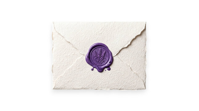 Handmade textured white paper envelope sealed with purple lavender wax stamp on a transparent background