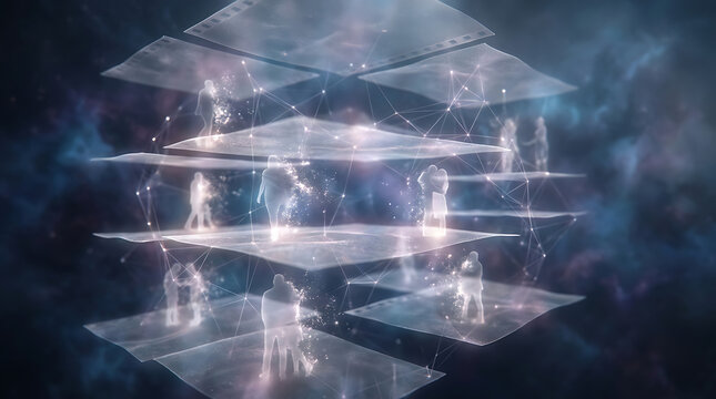 A translucent, crystalline structure formed by stacked square screens, populated by glowing human figures.