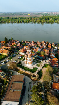 Aerial view of Gardos Tower surrounded by historic red-roofed houses and the Danube river in Beograd, Grad Beograd, Serbia.