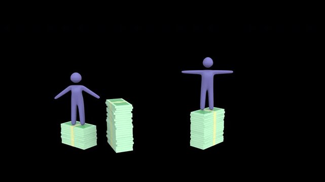 Business People Standing on Stacks of Money with Different Salary or budget. Income Disparity. Different in Earnings Among professional people 3d animation with Alpha Channel.