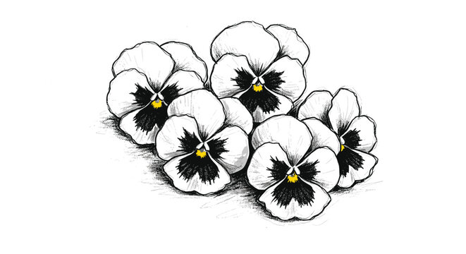 Delicate sketch of white pansies with dark centers and yellow accents