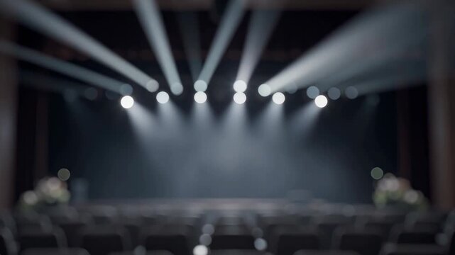 Blurred stage illuminated by bright spotlights shining through fog in an empty theater with bokeh seats. Perfect for concert, presentation, or performance background.