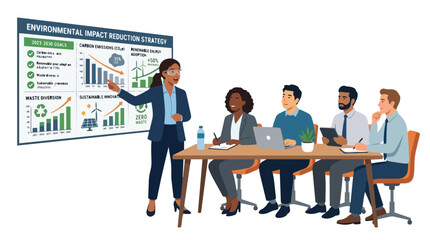 Obraz premium Diverse Business Team Presentation Environmental Impact Reduction Strategy Sustainability Goals Corporate Social Responsibility