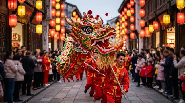 Traditional dragon dance performed during Chinese New Year celebration  