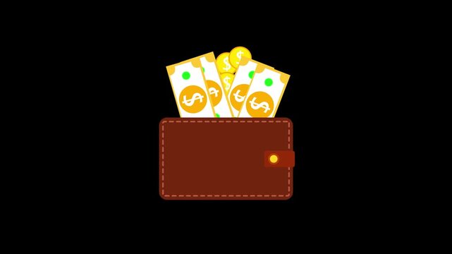 Animated Doller and wallet icon. business profit, money-wallet icon animation. A flat design illustration of a leather wallet with cash money bills sticking out