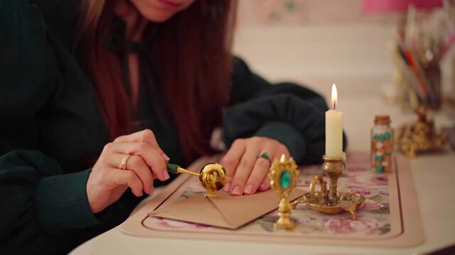 Elegant wax sealing process with candle, creating personalized envelopes, perfect for invitations or letters, cozy home setting, enhancing traditional correspondence experience, letter writing pen pal