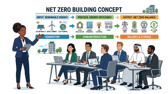 Net Zero Building Concept Illustration Renewable Energy Efficiency Sustainable Architecture Workers Meeting