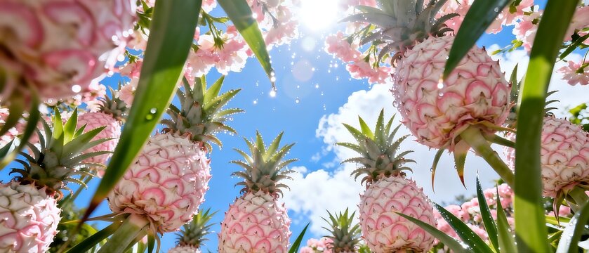 Pink Pineapples with Blue Sky and Flowers