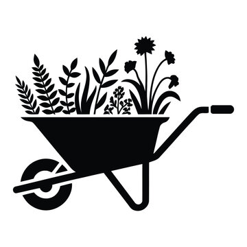 Black Wheelbarrow Filled With Plants vector
