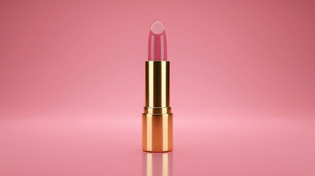 Pink lipstick in gold tube on pink surface with reflection.
