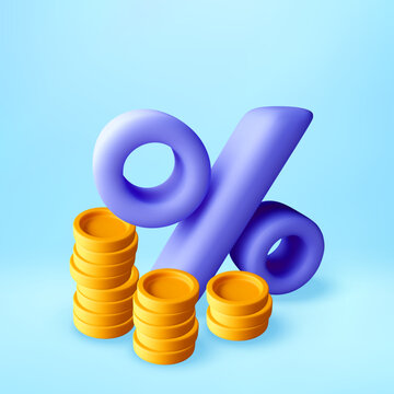 3D Percentage symbol with gold coin stacks. Financial savings and investment growth concept. Icon for banking or discount offer and interest rate calculation in economy. Vector illustration