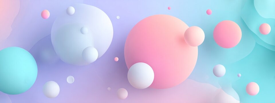 Abstract composition with floating pastel spheres in soft gradient space. Concept of lightness, balance, calm motion, modern minimal design and harmony. banner 