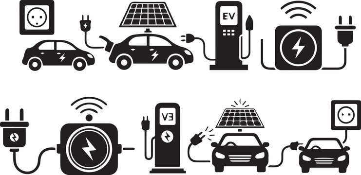 Electric vehicle charging infrastructure icons a comprehensive collection