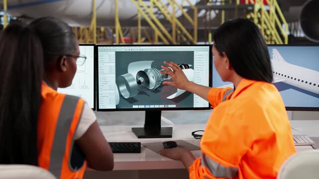 Technician Inspects Aircraft Engine Using CAD Software