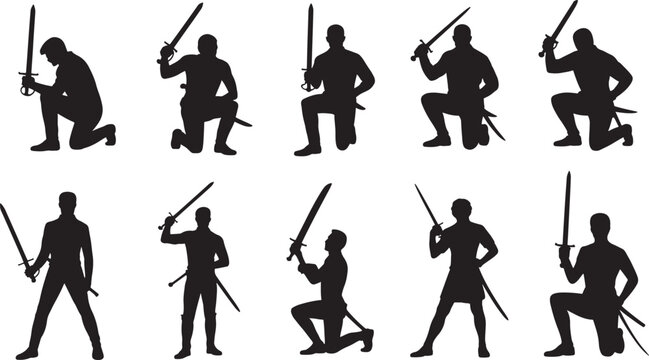 Medieval Warrior Sword Fighting Silhouette Set with Knight Combat Poses, Armed Fighters, Battle Stances, and Historical Weapon Action Vector Collection