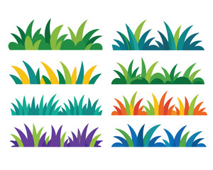 Fototapeta premium Decorative Grass and Leaf Elements Set, Green Nature Plants Collection Flat Vector Illustration