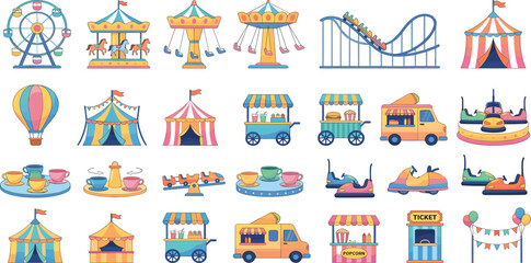 Comprehensive amusement park vector icon set featuring a ferris wheel, carousel, rollercoaster, swing ride, bumper cars, carnival tents, food trucks, and ticket booths for summer festivals. © MDRIFAT