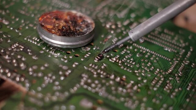 Detailed macro view of a soldering iron tip heating solder points on a green printed circuit board. The rising smoke illustrates precise technical work and component assembly.
