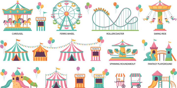 Comprehensive amusement park vector icon set featuring a carousel, ferris wheel, rollercoaster, swing ride, carnival tents, ticket booths, and fantasy playground equipment.