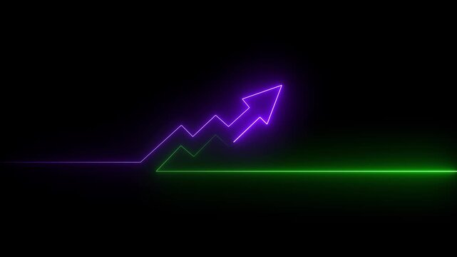 Neon glowing stock market arrow moving up on a digital graph background representing business growth.