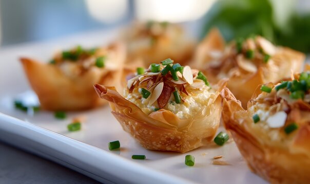 buttery phyllo appetizers topped with fresh chives and toasted almonds, golden crisp filo pastry cups filled with creamy herb cheese filling,