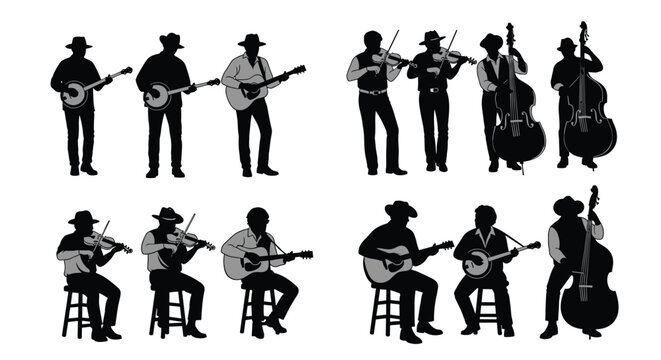 Silhouettes of musicians playing various string instruments in a band setting