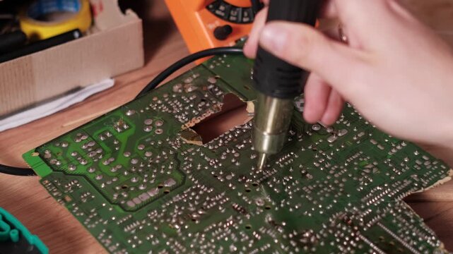 Close-up of a technician holding a hot air rework nozzle to heat solder points on a green circuit board. The focused work depicts professional repair and component desoldering.