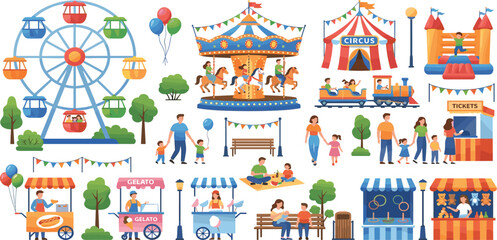 Comprehensive family amusement park vector collection with ferris wheel carousel circus tent bouncy castle train ride carnival games food stalls and diverse happy people. © MDRIFAT