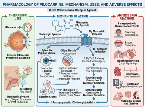 Detailed infographic on the pharmacology of pilocarpine, a direct M3 muscarinic receptor agonist, outlining its mechanism, therapeutic uses, and adverse drug reactions.