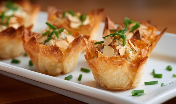 buttery phyllo appetizers topped with fresh chives and toasted almonds, golden crisp filo pastry cups filled with creamy herb cheese filling,