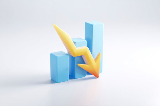 Minimal business decline concept with downward arrow and chart bars representing financial loss, crisis, negative growth and economic downturn.
