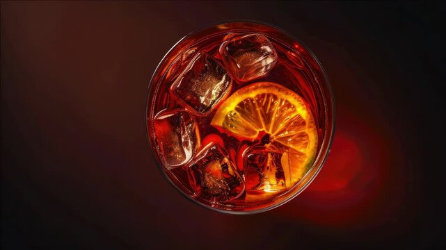 An of a cocktail with ice cubes and an orange slice.