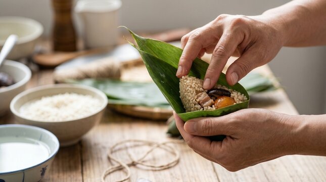 Person wrapping traditional rice dumplings with leaves at home  