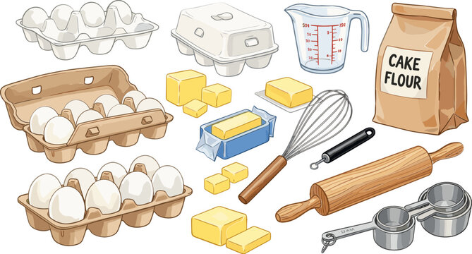 Baking Essentials Set with Eggs, Flour, Butter, Measuring Tools, and Rolling Pin for Cooking, Pastry, and Recipe Design Illustrations