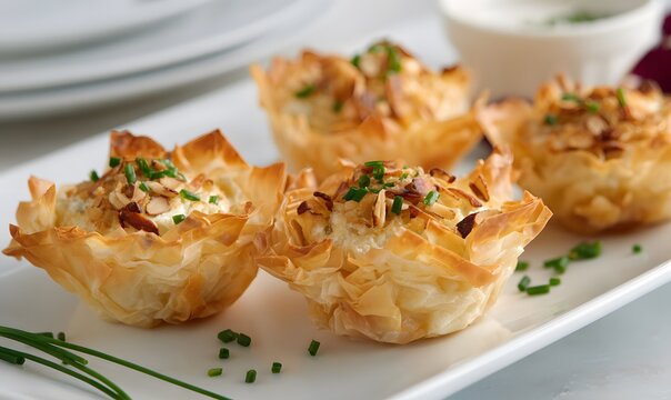 buttery phyllo appetizers topped with fresh chives and toasted almonds, golden crisp filo pastry cups filled with creamy herb cheese filling,