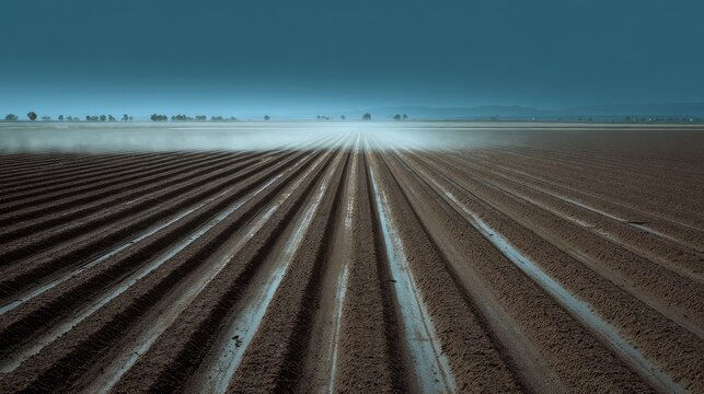 Cultivated farm field of parallel plowed furrows stretching to the horizon beneath a clear blue sky, soft morning mist lending a serene, symmetrical rural landscape