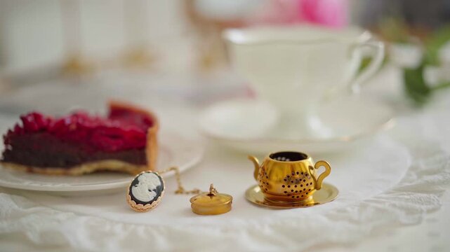 spoon pours tea leaves into a golden strainer. Golden teapot strainer with locket, berry cake and a cup on elegant tea table setting, showcasing vintage charm and afternoon tea ambiance, making tea