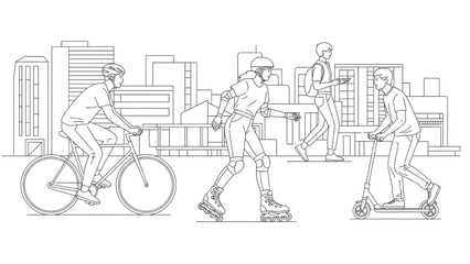 Obraz premium People commuting through city on bike and 2D AutoCAD style rollerblades