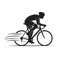 Naklejka premium Black silhouette of a cyclist racing on a road bike with speed lines isolated on white background vector illustration