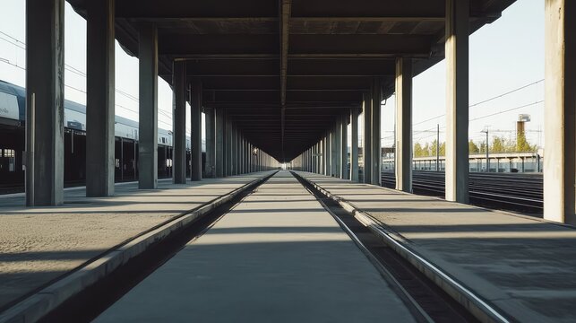 Long concrete platform extending into the distance under an overpass, with parallel train tracks and supporting pillars creating a powerful sense of order and structure