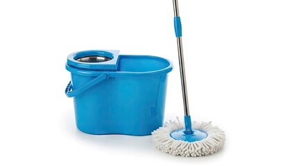 Fototapeta premium Blue cleaning bucket and mop set isolated on white background