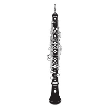 Black and white vector illustration of an oboe musical instrument isolated on white background