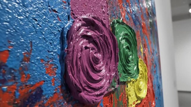 Close up view of impasto oil painting showcasing vibrant colors and textured brushstrokes in art gallery