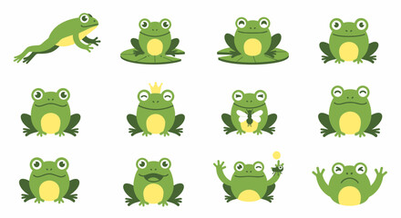 Fototapeta premium Collection of cartoon green frogs sitting.